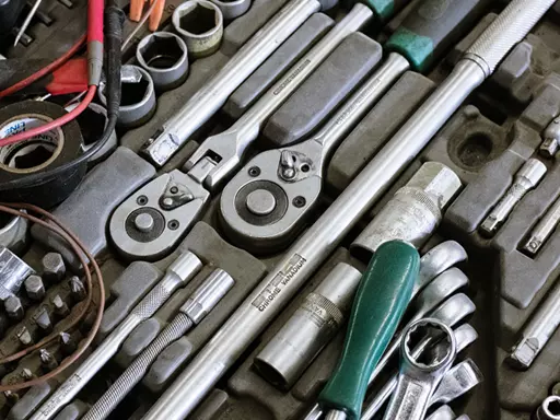 Detalhe de caixa de ferramentas com chaves de fenda, chaves de boca, chaves inglesas, entre outras.
